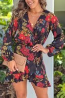 Black And Red Floral Wrap Short Dress