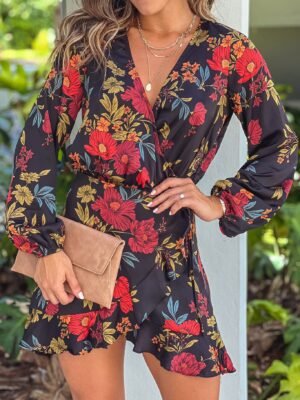 Black And Red Floral Wrap Short Dress
