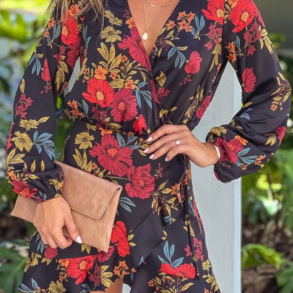 Black And Red Floral Wrap Short Dress