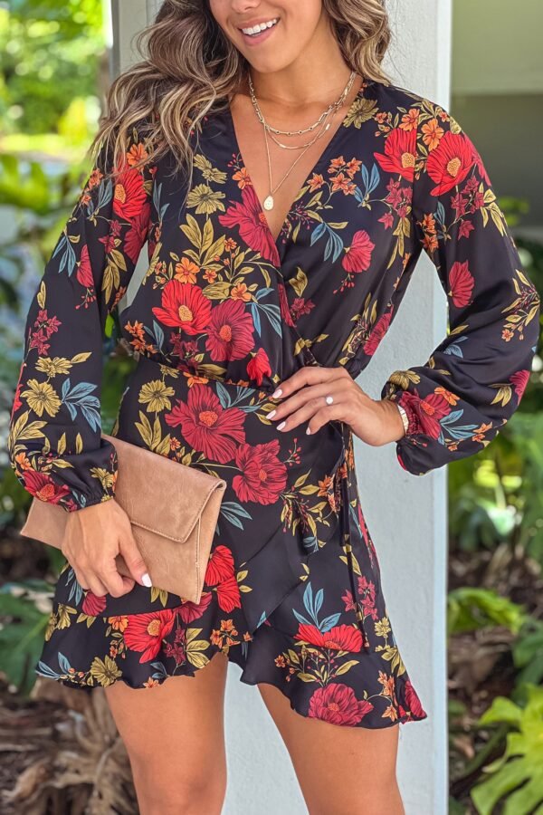 Black And Red Floral Wrap Short Dress