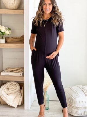 Black Maternity Jumpsuit With Pockets And Short Sleeves