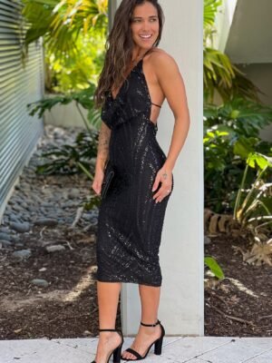 Black Sequin Cowl Neck Midi Dress