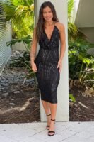 Black Sequin Cowl Neck Midi Dress