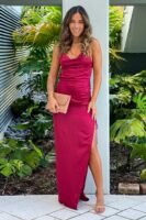 Burgundy Satin Dress With Ruched Side