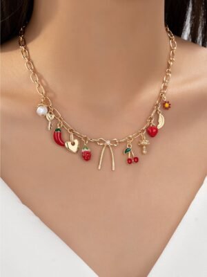 Gold Fruit Heart And Bow Charm Necklace