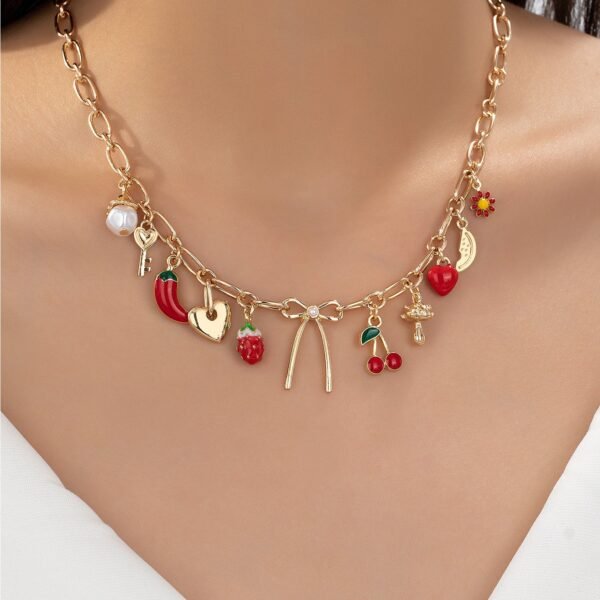 Gold Fruit Heart And Bow Charm Necklace