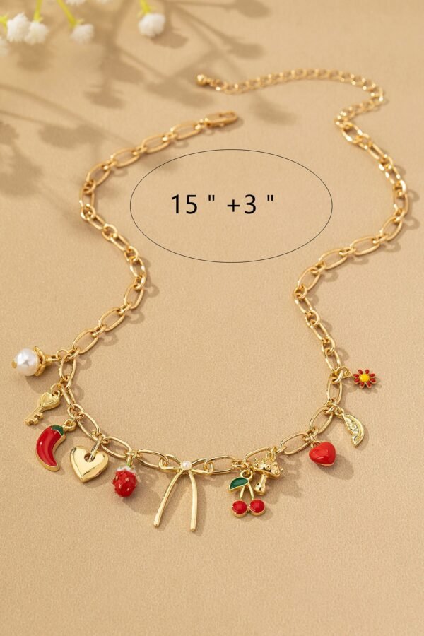 Gold Fruit Heart And Bow Charm Necklace