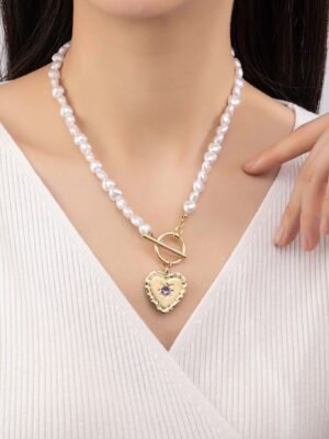 Gold Heart Pearl Chain Pendant Necklace
