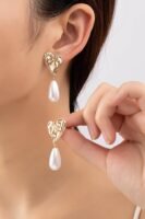 Gold Heart Stud With Pearl Drop Earrings