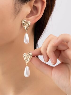 Gold Heart Stud With Pearl Drop Earrings