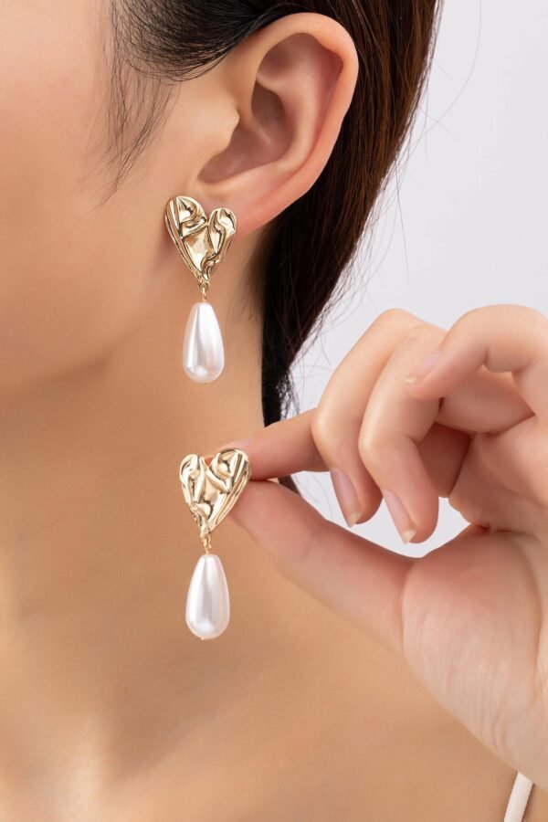 Gold Heart Stud With Pearl Drop Earrings