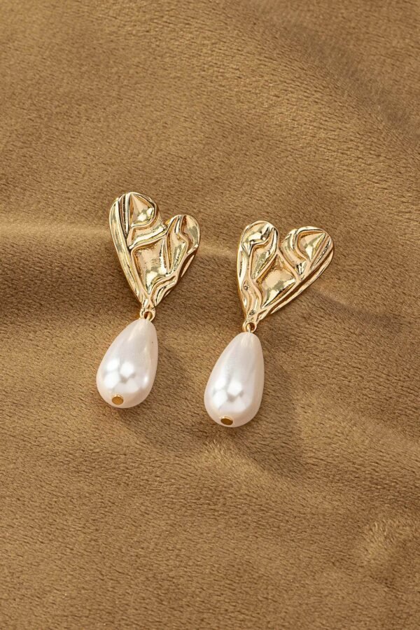 Gold Heart Stud With Pearl Drop Earrings