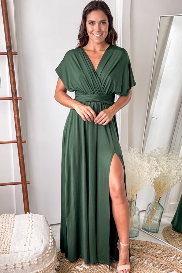 Hunter Green Multi Tie Maxi Dress With Slit