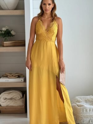 Mustard Crochet Top Maxi Dress With Slit