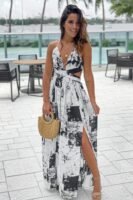 Off White Printed Maxi Dress With Cut Outs