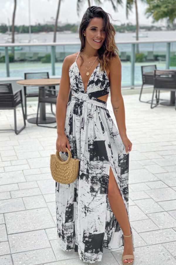 Off White Printed Maxi Dress With Cut Outs