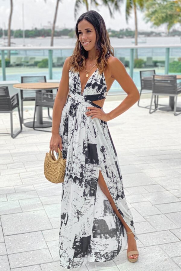 Off White Printed Maxi Dress With Cut Outs