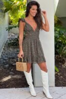 Olive Floral Swirly Straps Short Dress