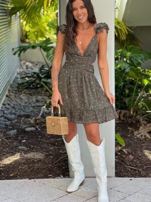 Olive Floral Swirly Straps Short Dress