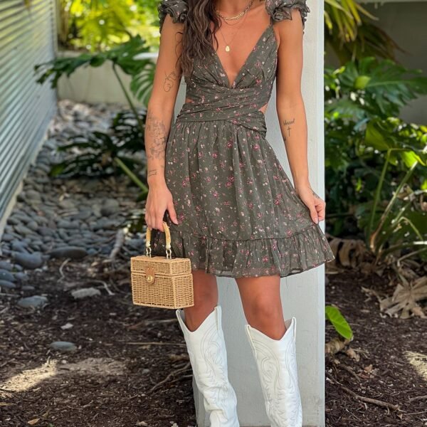 Olive Floral Swirly Straps Short Dress