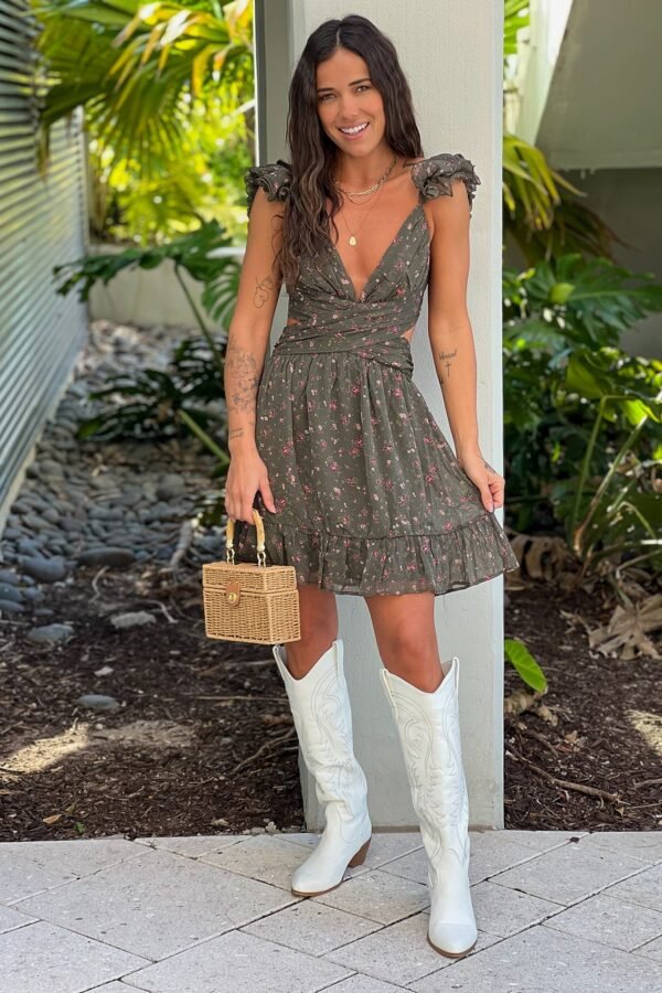 Olive Floral Swirly Straps Short Dress