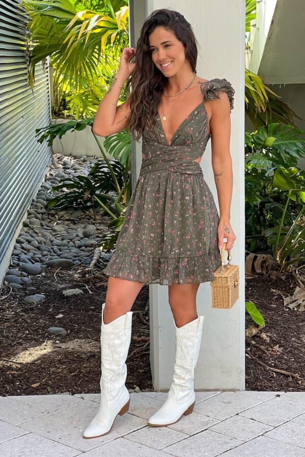 Olive Floral Swirly Straps Short Dress