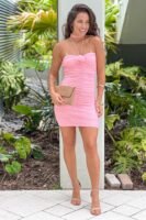 Pink Mesh Ruching Short Halter Dress With Rose Detail